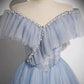 A-Line Off Shoulder Tulle Blue Long Prom Dress Long Formal Dress Floor Length Beautiful