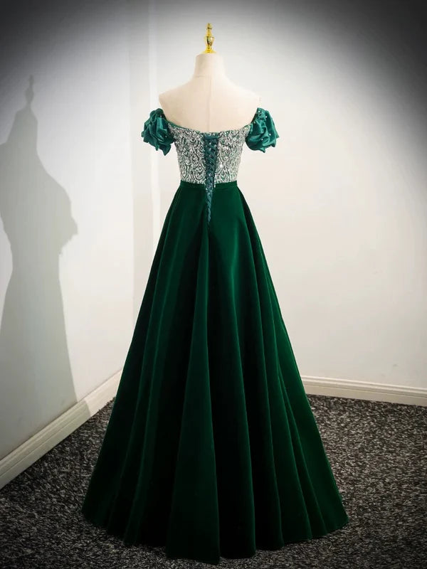 A-Line Velvet Sequin Beads Green Long Prom Dress Evening Dress Elegant