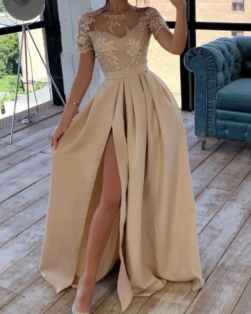 Short Sleeves Champagne Bridesmaid Dresses Satin A-Line Evening Dresses With Slit Elegant