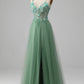 Sparkly Green A-Line Spaghetti Straps Corset Prom Dress With Appliques Beautiful With Slit