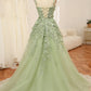 Green A Line Spaghetti Straps Tulle Long Prom Dress With Appliques Beautiful