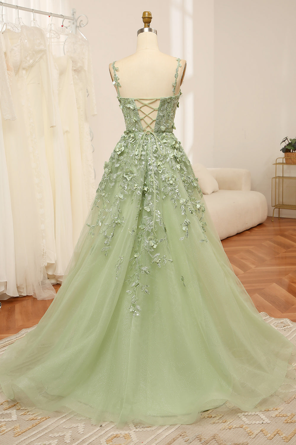 Green A Line Spaghetti Straps Tulle Long Prom Dress With Appliques Beautiful