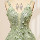 Green A Line Spaghetti Straps Tulle Long Prom Dress With Appliques Beautiful