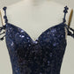 Navy A Line Cold Shoulder Long Prom Dress V-neck Sexy Sparkly