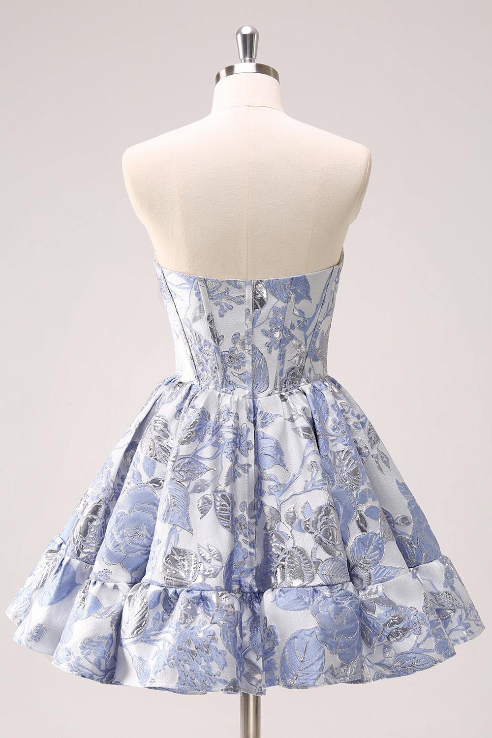 A Line Blue Corset Strapless Ruffles Floral Short Homecoming Dress Sexy Party Dress