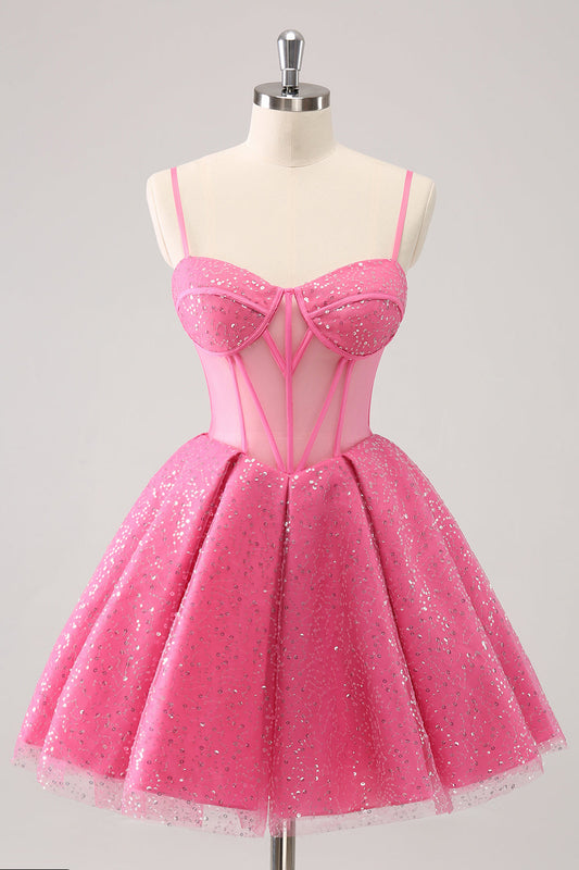 Sparkly Cute Pink Spaghetti Straps A Line Corset Short Homecoming Dress with Sequins Party Dress