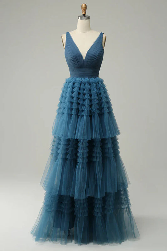 A Line V-Neck Blue Long Prom Dress Tulle With Open Back Sleeveless