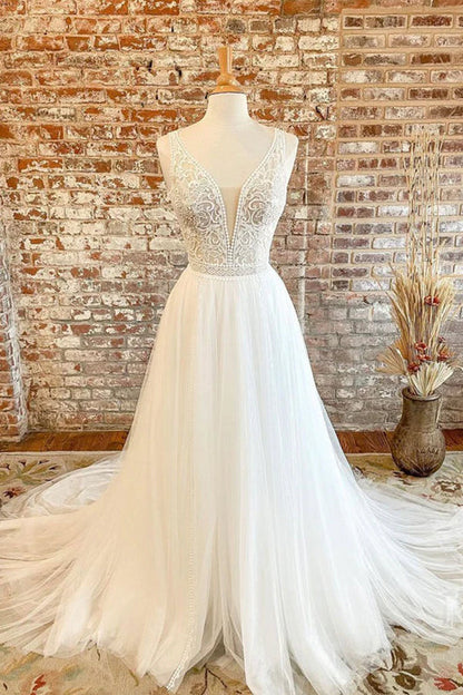 White Tulle Lace Long Prom Dress A-Line V-Neck Formal Evening Dress Wedding Dress