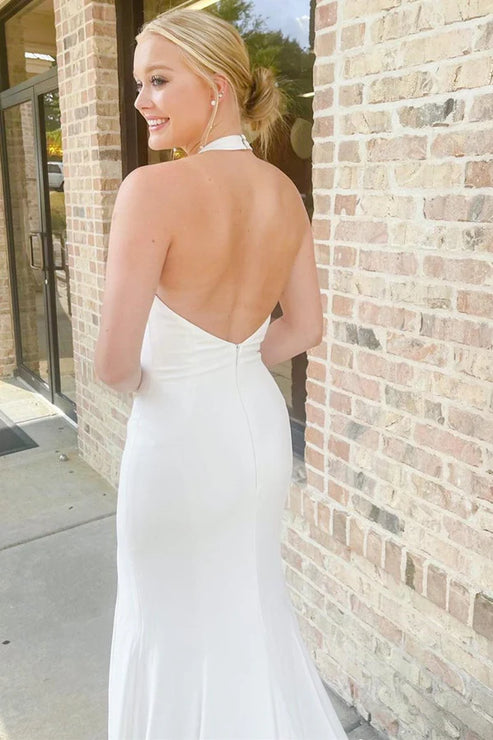 White Halter Mermaid Long Wedding Dress with Slit Open Back Elegant