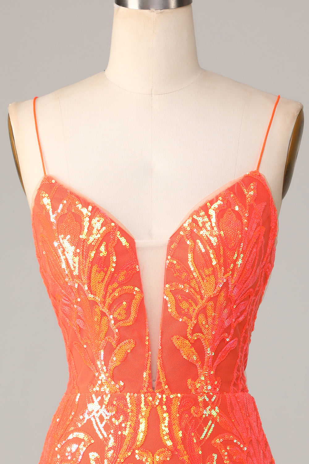 Bodycon Spaghetti Straps Orange Sequins Short Homecoming Dress Sparkly Party Dress