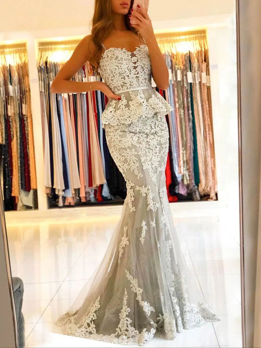 Gray sweetheart neck tulle lace mermaid long prom dress lace evening dress Formal Dress