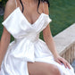 Ivory Satin Wedding Dress Spaghetti Straps A Line Bridal Dress Floor Length With Slit Sexy Formal Dress