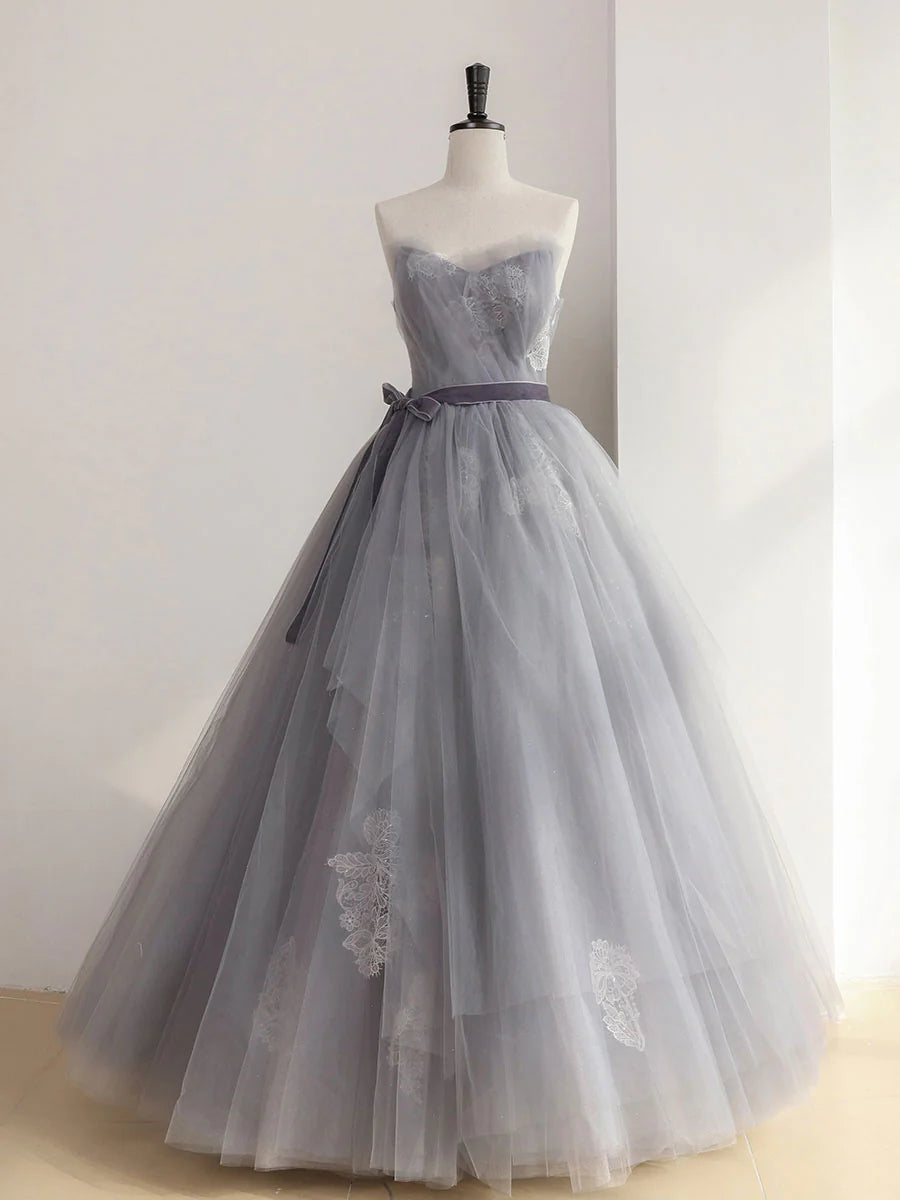 Gray tulle lace long prom dress sweet 16 dress A Line Off Shoulder december wedding guest dress