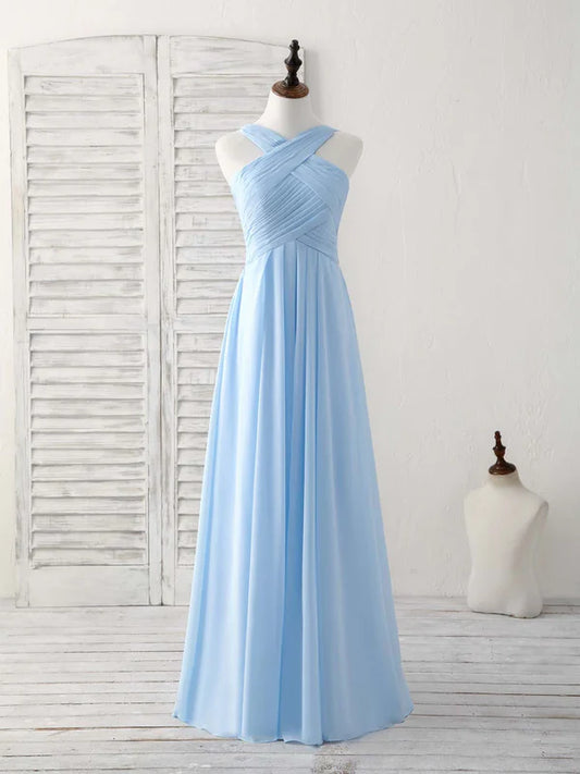 Simple V Neck Chiffon Sky Blue Floor-length Prom Dress Bridesmaid Dress Solid Color