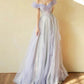 Glitter A-Line Princess Off Shoulder Tulle Sequin Purple Long Prom Dress Elegant