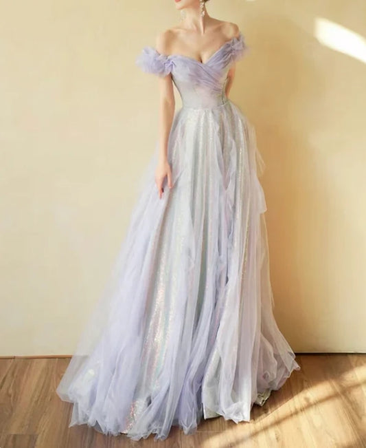 Glitter A-Line Princess Off Shoulder Tulle Sequin Purple Long Prom Dress Elegant