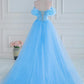 Elegant Prom Dresses Off The Shoulder Tulle A Line Slit With Flowers Floor Length Solid Color