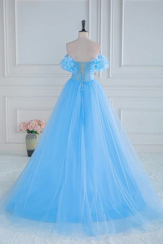 Elegant Prom Dresses Off The Shoulder Tulle A Line Slit With Flowers Floor Length Solid Color