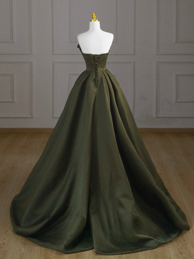 A-Line V Neck Satin Green Long Prom Dress Evening Dress Off Shoulder Solid Color