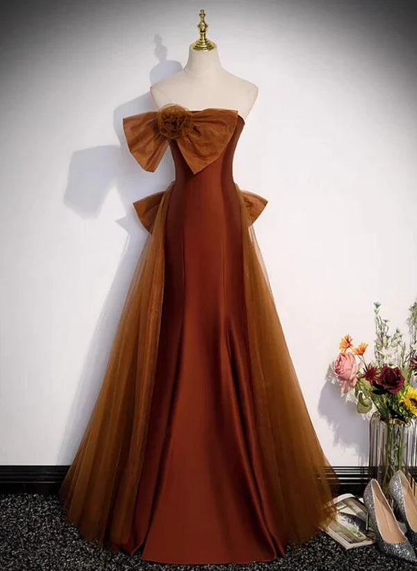 Mermaid Brown Tulle Satin Strapless Long Party Dress Formal Dress Prom Dress With Bow(s)