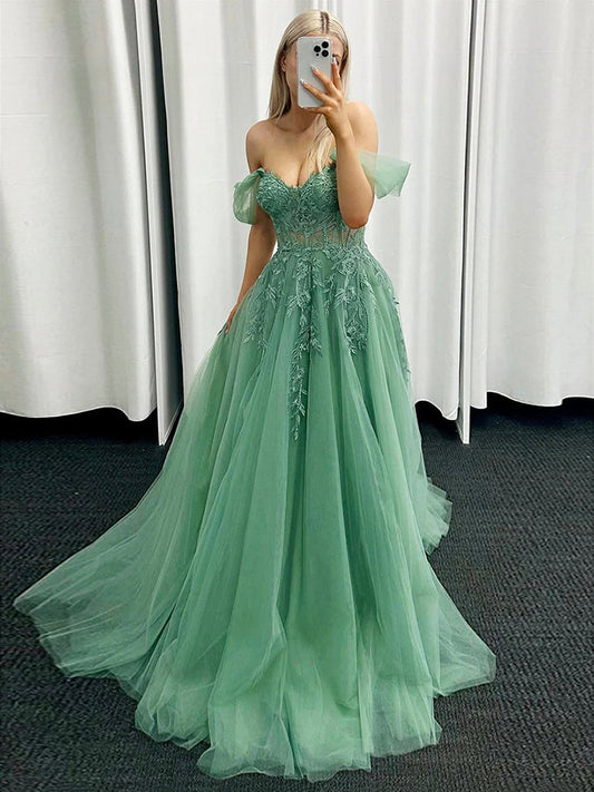 A-Line Off Shoulder Tulle Lace Green Long Prom Dress Formal Dress with Appliques