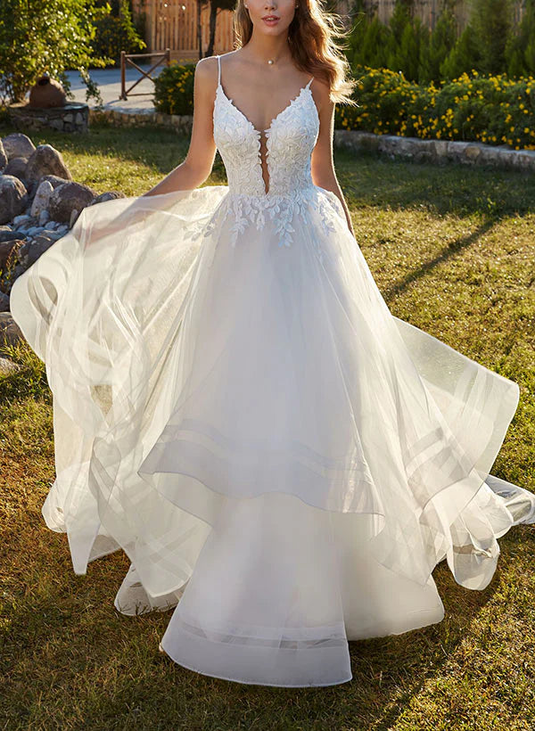 Sweetheart Sleeveless Sweep Train Tulle Wedding Dresses With Lace Floor Length