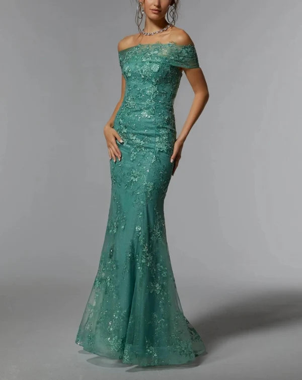 Sequins/Sparkling Mermaid Tulle With Appliques Off Shoulder Mother of the Bride Dress Evening Dresses Elegant