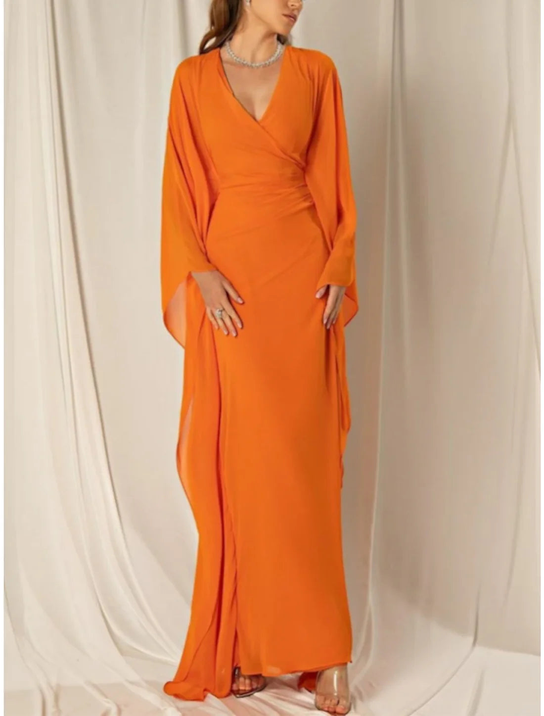 Sheath / Column Evening Gown Elegant Dress Formal Fall Ankle Length Long Sleeve V Neck Chiffon with Ruched Ruffles Orange Wedding Guest Dress