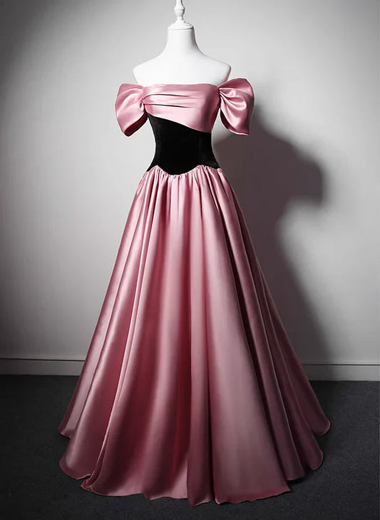 Off Shoulder Satin Scoop A-line Long Party Dress Prom Dress Evening Dress Floor Length