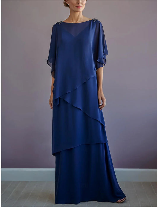 A-Line Mother of the Bride Dress Formal Wedding Guest Elegant Bateau Neck Floor Length Chiffon Half Sleeve with Ruffles