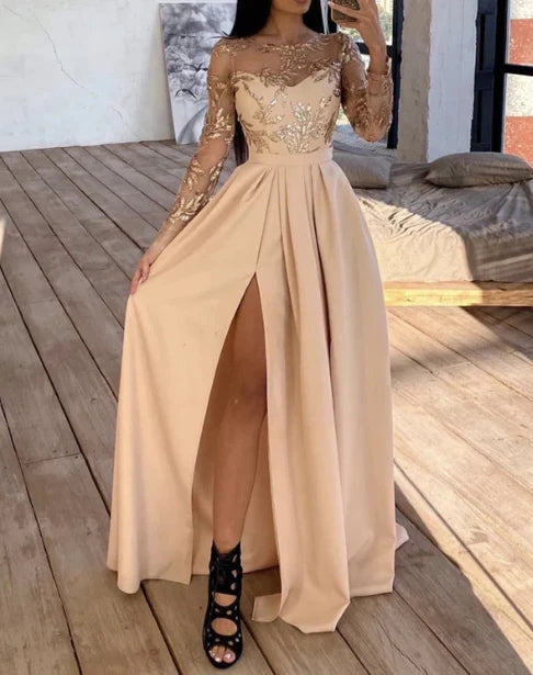 Long Sleeves Champagne Bridesmaid Dresses High Slit Evening Dresses Sparkly