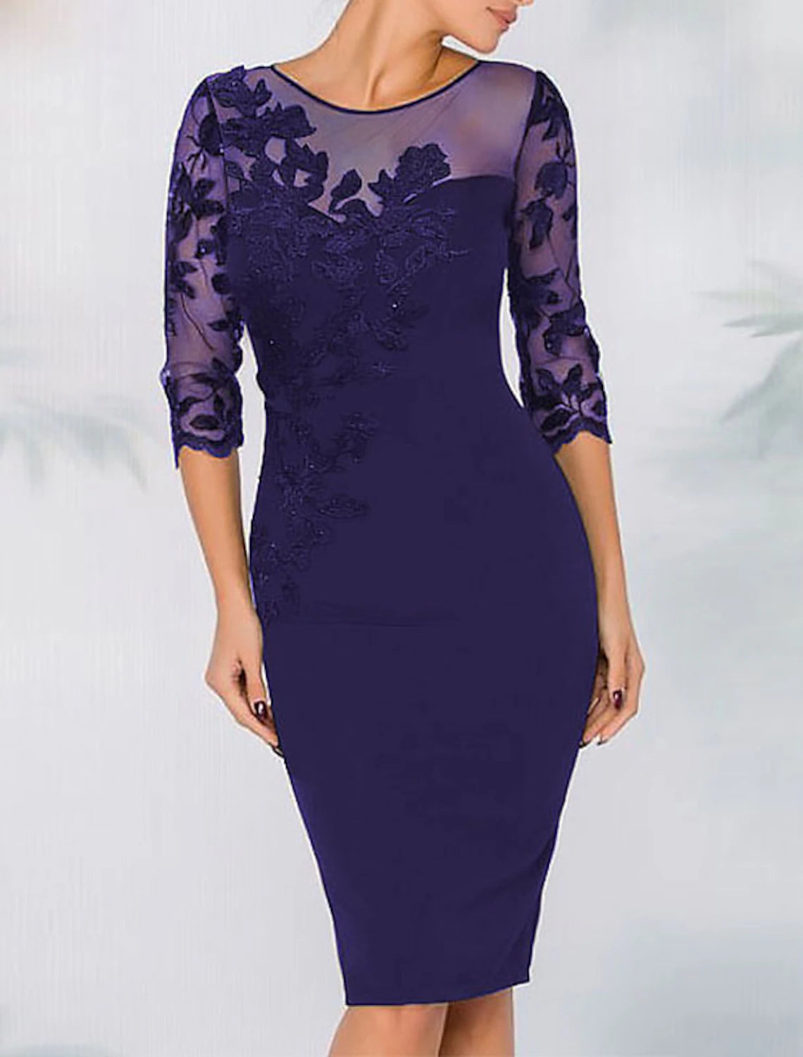 Sheath Cocktail Elegant Dress Fall Wedding Guest Dress Long Sleeve Black Dress Midi Dress Floral Embroidery Illusion Neck Mother of the Bride Dress