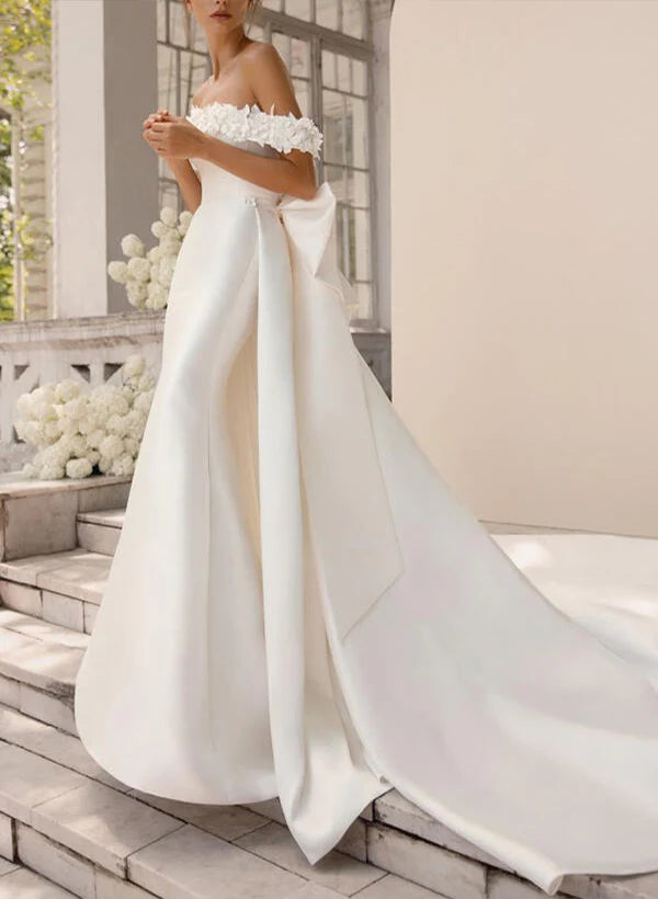 Off The Shoulder Satin Court Train Wedding Dress Trumpet/Mermaid With Appliques Lace With Flowers