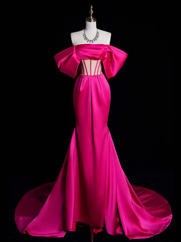 Simple Off Shoulder Mermaid Rose Red Long Prom Dress Satin Formal Dress Fuchsia Evening Dress