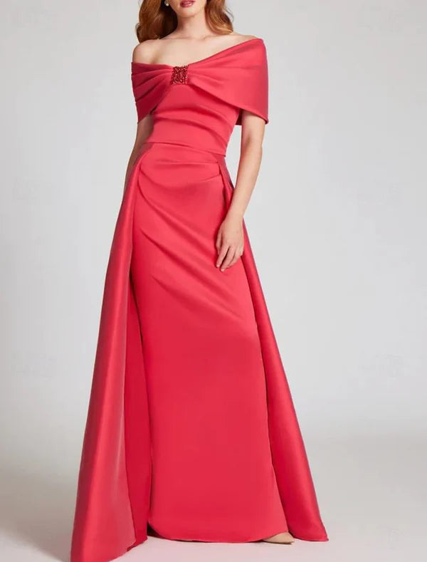 Sheath / Column Evening Gown Elegant Dress Formal Floor Length Sleeveless Off Shoulder Satin Wedding Guest Dress