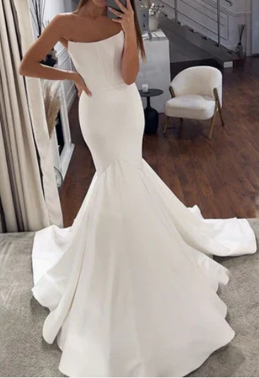 Elegant Simple Mermaid Strapless Satin Wedding Dress Fashion Off Shoulder Floor Length  Bridal Gowns