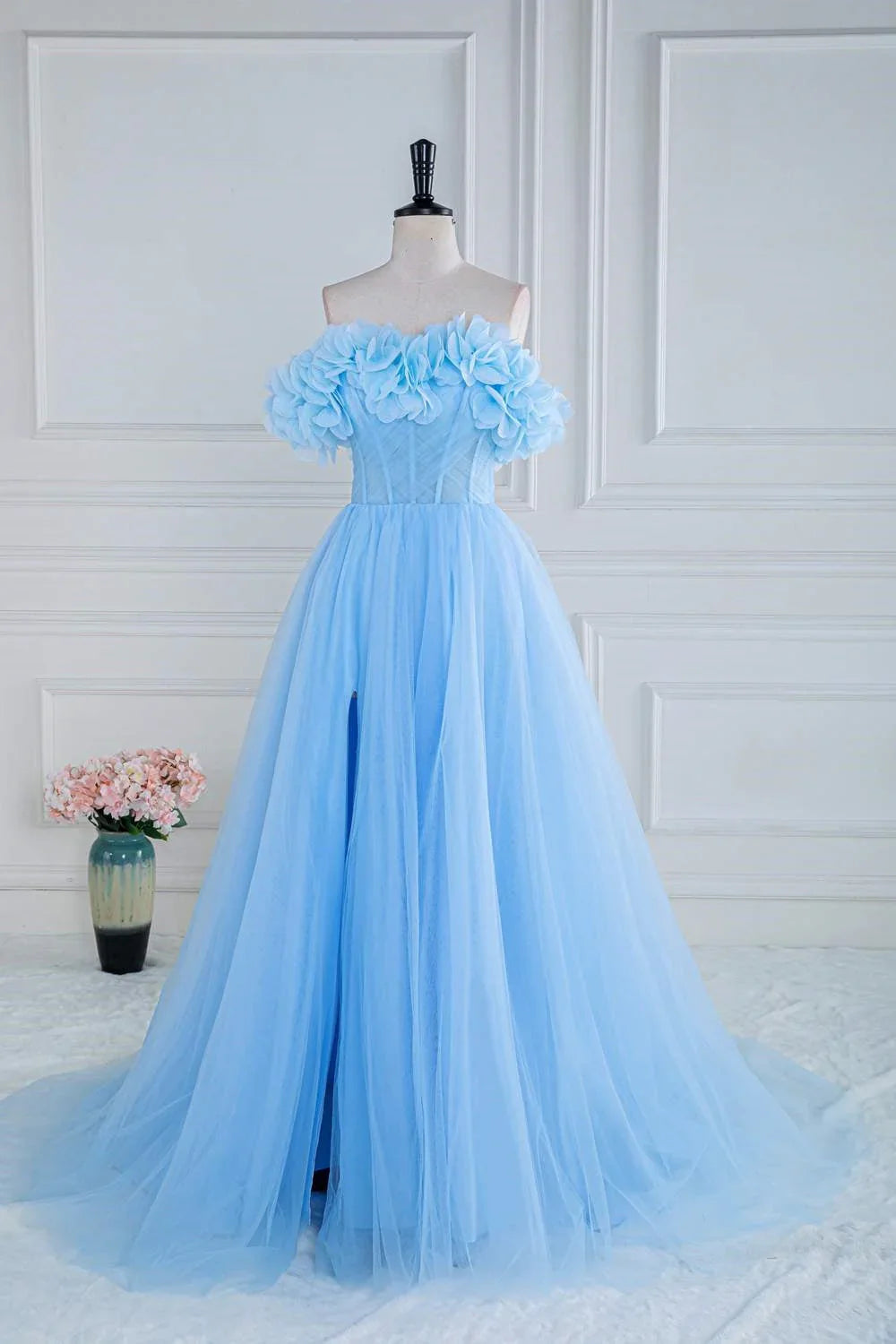 Elegant Prom Dresses Off The Shoulder Tulle A Line Slit With Flowers Floor Length Solid Color