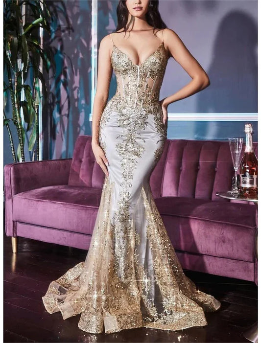 Mermaid / Trumpet Prom Dresses Celebrity Style Dress Graduation Prom Court Train Sleeveless V Neck Lace with Glitter Crystals