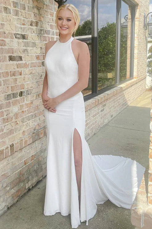 White Halter Mermaid Long Wedding Dress with Slit Open Back Elegant