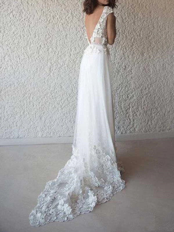 Cap Sleeves A-line Wedding Dresses Tulle Flowers Bridal Gowns V-neck Elegant