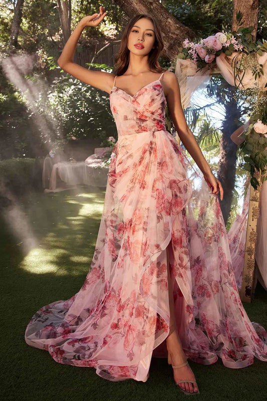 A Line Floral Printed Gown V-Neck Floor-length Prom Dress With Slit Evening Dress