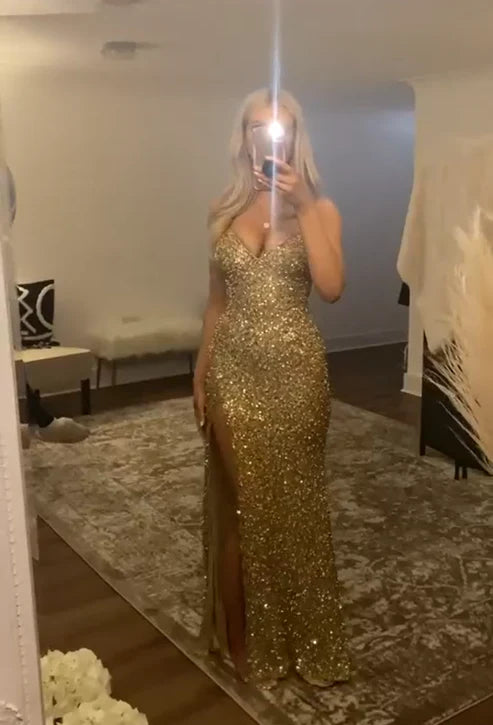 Gold Sequin V Neck Slit Prom Dress Charming Evening Dress Sparkly Party Dress