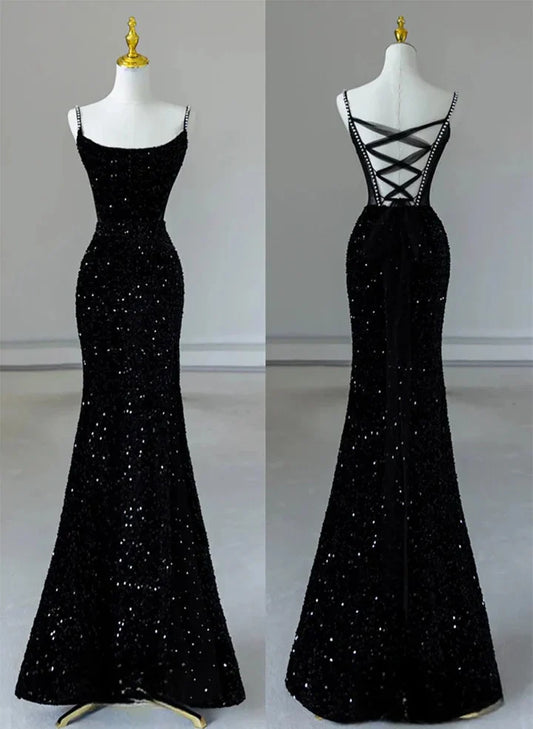 Black Spaghetti Straps Mermaid Sequined Long Party Dress Sparkly Evening Dress Charming