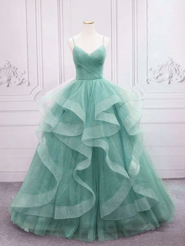 Sparkling Quinceanera Dress V Neck Tulle Long Prom Dress Green Sweet Dress Floor Length