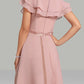 A-Line Wedding Guest Dresses Tiered Plisse Dress Cocktail Party Semi Formal Tea Length Short Sleeve V Neck Belt / Sash Chiffon with Beading Elegant