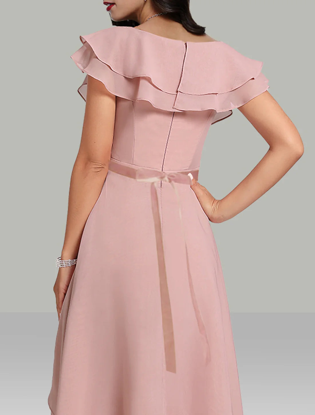 A-Line Wedding Guest Dresses Tiered Plisse Dress Cocktail Party Semi Formal Tea Length Short Sleeve V Neck Belt / Sash Chiffon with Beading Elegant