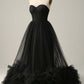 A Line Sweetheart Black Corset Prom Dress with Ruffled Off Shoulder Sexy Evening Dress