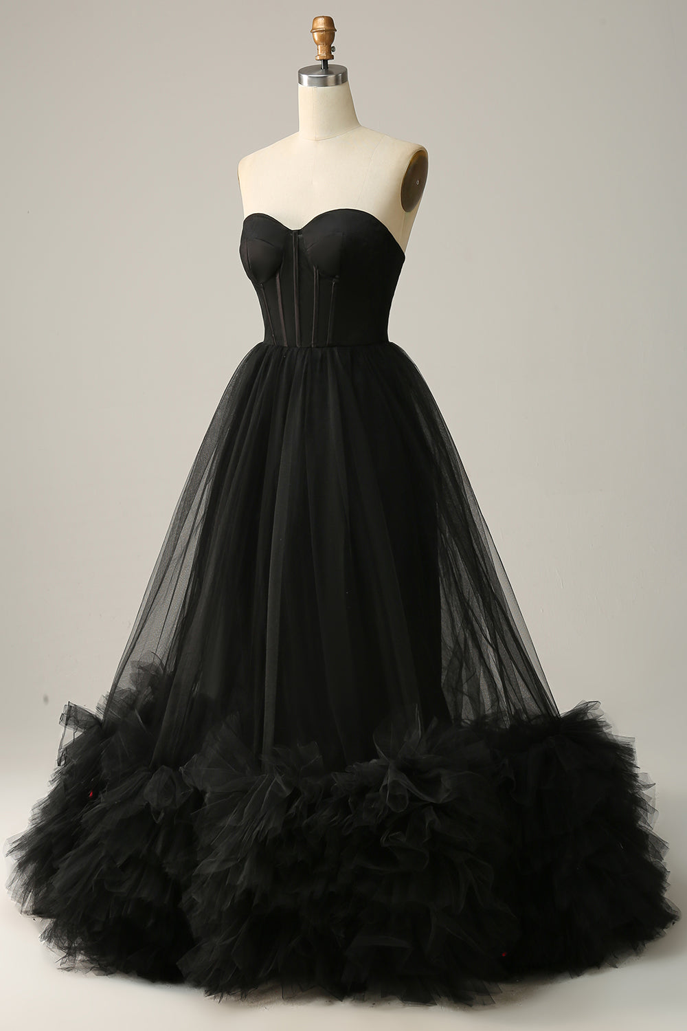 A Line Sweetheart Black Corset Prom Dress with Ruffled Off Shoulder Sexy Evening Dress