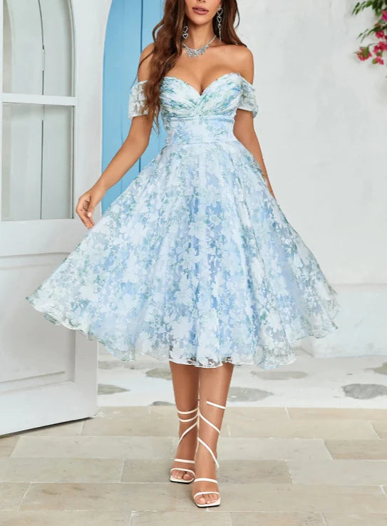 A-Line Blue Party Dress Off The Shoulder Printed Blue Tea-Length Cocktail Dress Homecoming Dress