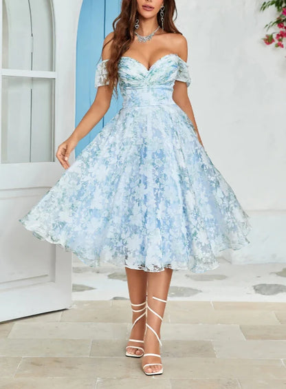 A-Line Blue Party Dress Off The Shoulder Printed Blue Tea-Length Cocktail Dress Homecoming Dress